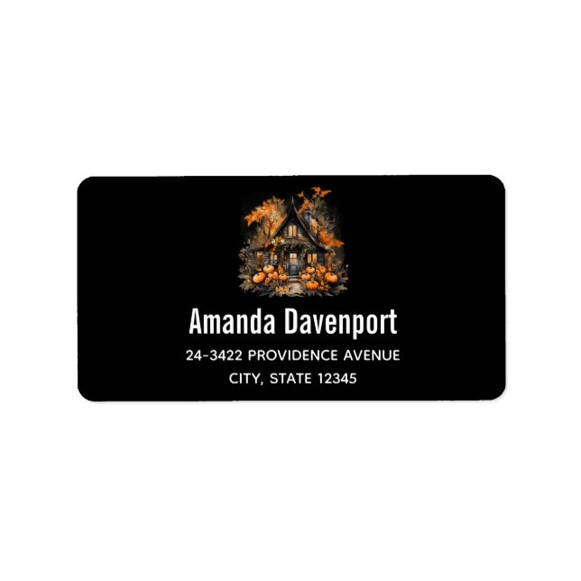 Etiqueta Casa embrujada con calabazas Halloween Black (Frente)