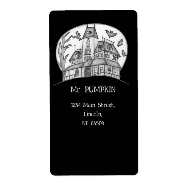 Etiqueta Casa Embrujada y Murciélagos de Halloween  (Frente)