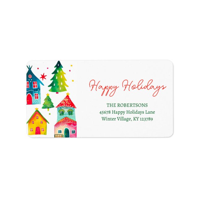 Etiqueta Casas de Navidad Felices Fiestas (Frente)