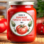 Etiqueta casera de Tomate Chutney de estilo vintag<br><div class="desc">Personalizado de estilo vintage Pegatinas de enlatado de tomate Chutney casero con ilustracion de tomate acuarela. Haz tus propias etiquetas de enlatado para tus recetas caseras de tomate favoritas. Para usar en la tapa de su envase o en el lado de la jarra de conservas. Perfecto para mermeladas, regalos caseros...</div>