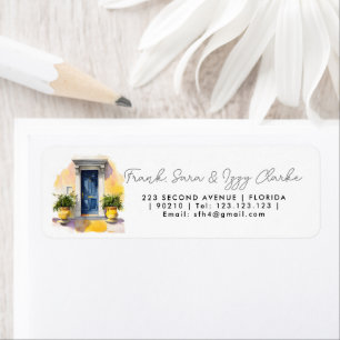 Etiqueta caseta azul amarillo puerta delantera elegante