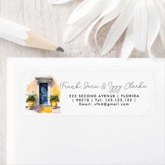 Etiqueta caseta azul amarillo puerta delantera elegante (In situ)