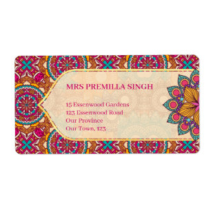 Etiqueta Cerise mandala rangoli patrón étnico vibrante
