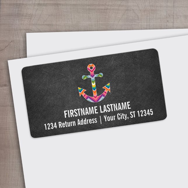 Etiqueta Chalkboard de ancla náutica con Chevrons brillante (Custom Address Label)