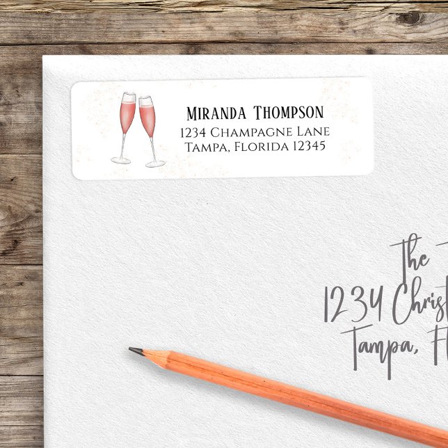 Etiqueta Champagne de boda de acuarela rosa (Pink champagne return address label with bubbly champagne artwork. )