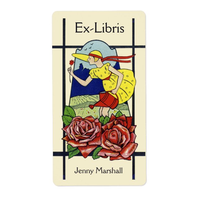 Etiqueta Charming deco girl, roses, garden bookplate label (Frente)