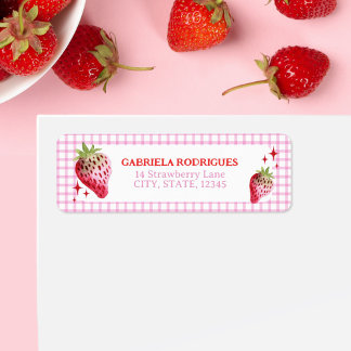 Etiqueta Chequeos de fresa de color agua y Gingham rosa