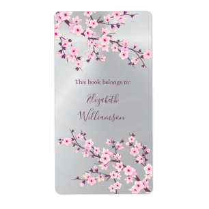 Etiqueta Cherry Blossom Pink Silver Floral Bookplate 
