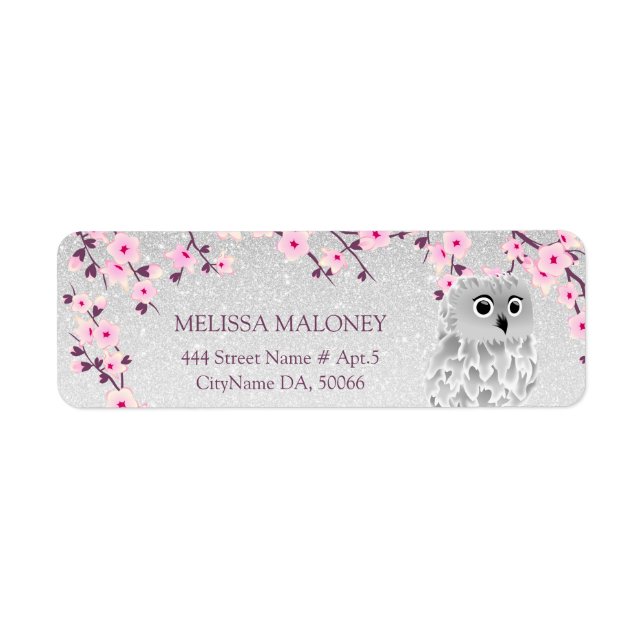 Etiqueta Cherry Blossom Silver Purpurina Owl (Frente)