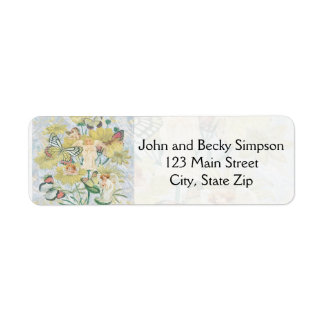 Etiqueta Cherubs, mariposas y flores en amarillo