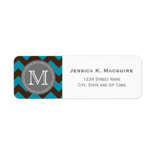 Etiqueta Chevron azul gris monogramado marrón