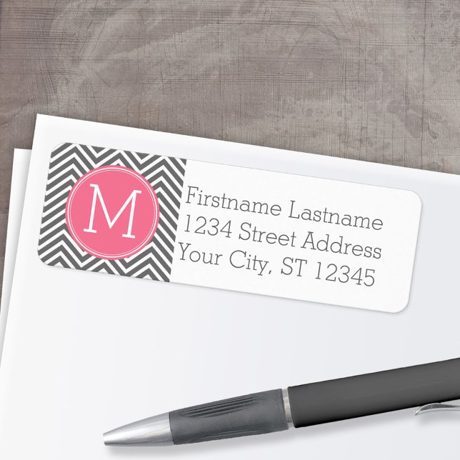 Etiqueta Chevrras grises y rosas con monograma Personalizad (Custom Return Address Labels - Low Minimum)