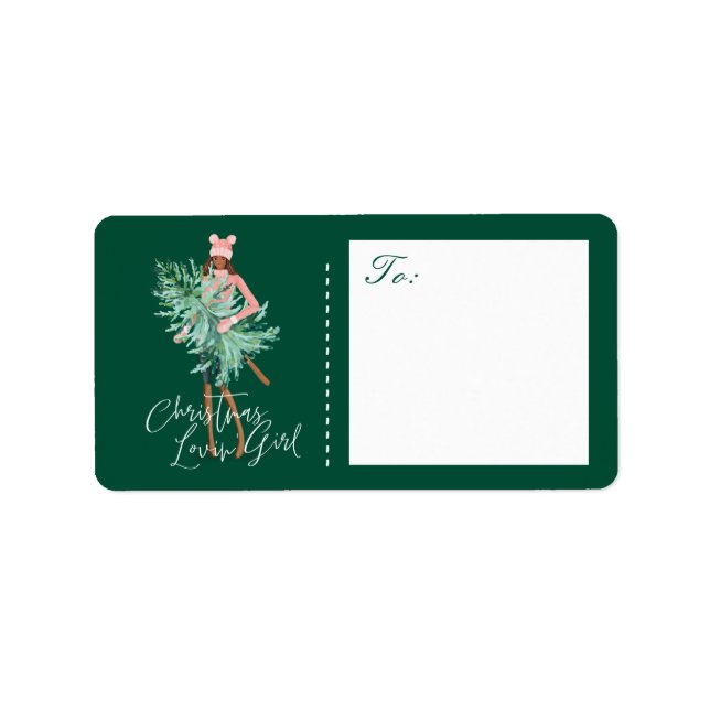 Etiqueta Chica acuarela sostiene árbol de Navidad evergreen (Frente)