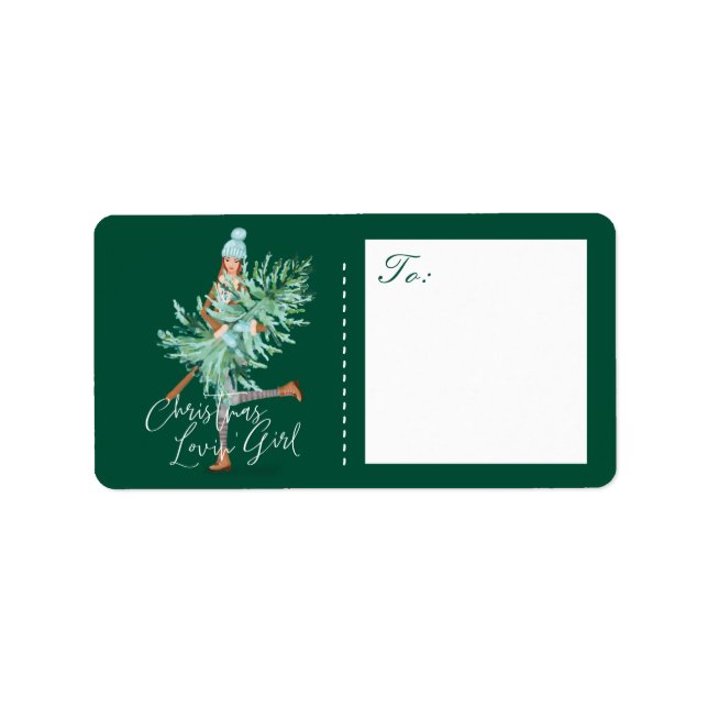 Etiqueta Chica acuarela sostiene árbol de Navidad evergreen (Frente)