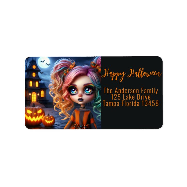 Etiqueta Chica animado, casa embrujada y calabazas (Frente)