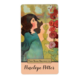 Etiqueta Chica bonito con Hollyhocks y placa de abejas