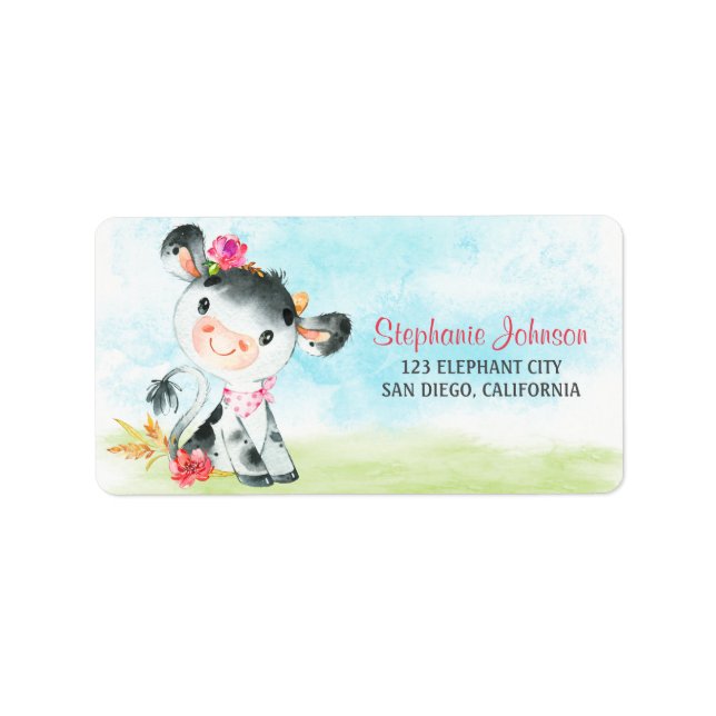Etiqueta Chica de acuarela Cow Baby Shower Farm (Frente)