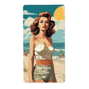 Etiqueta chica de playa de 1950