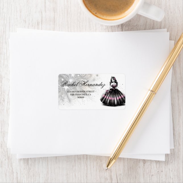 Etiqueta Chica de Quinceañera Rosa y Negro (In situ)