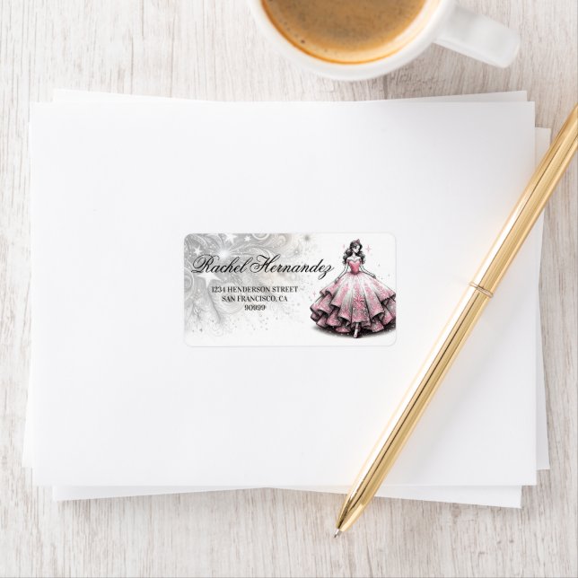 Etiqueta Chica de Quinceañera Rosa y Plata (In situ)