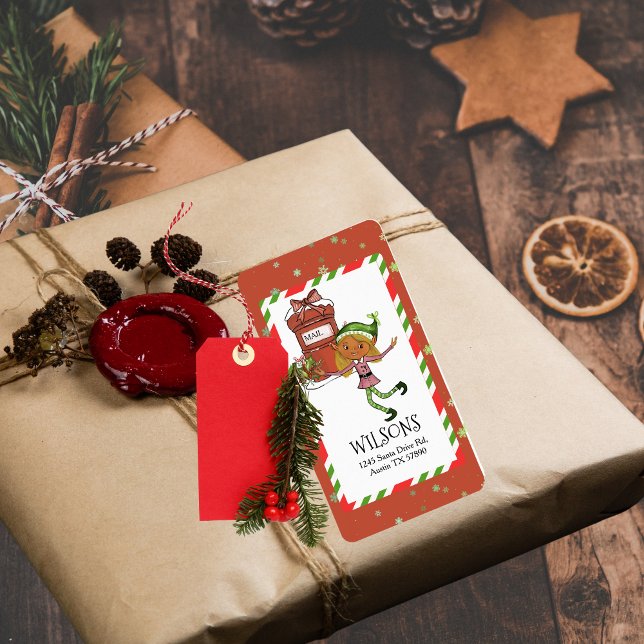 Etiqueta Chica Elfa Caprichosa Navidad Dirección Personaliz (Whimsical Elf Girl Christmas Personalized Address Label)