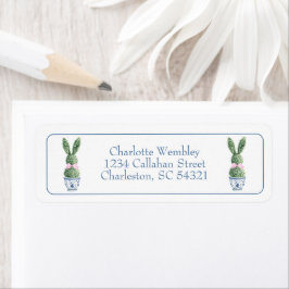 Etiqueta Chinoiserie Azul y Blanco con Topiarias de Conejo