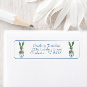 Etiqueta Chinoiserie Azul y Blanco con Topiarias de Conejo