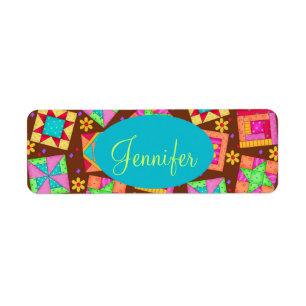 Etiqueta Chocolate Brown Colorful Quilt Patchwork Block Art