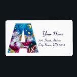 ETIQUETA CHRISTMAS A LETTER / INSPIRED SANTA MONOGRAM<br><div class="desc">A bold alphabet letter initial design .Musical , whimsical and artistic watercolor painting with vibrant red , blue, yellow, white colors by Bulgan Lumini (c). Santa Claus is playing violin in the snowy winter night under the blue sky , moon and yellow stars with a funny , expressive owl ,...</div>