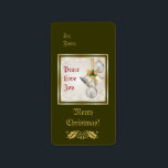 Etiqueta Christmas Bells And Ornaments Label<br><div class="desc">An elegant,  classy Christmas design featuring Christmas bells and Christmas balls,  holy berry and the words Peace,  Love,  Joy in a golden border on deep olive green background. Personalize it with your text.</div>