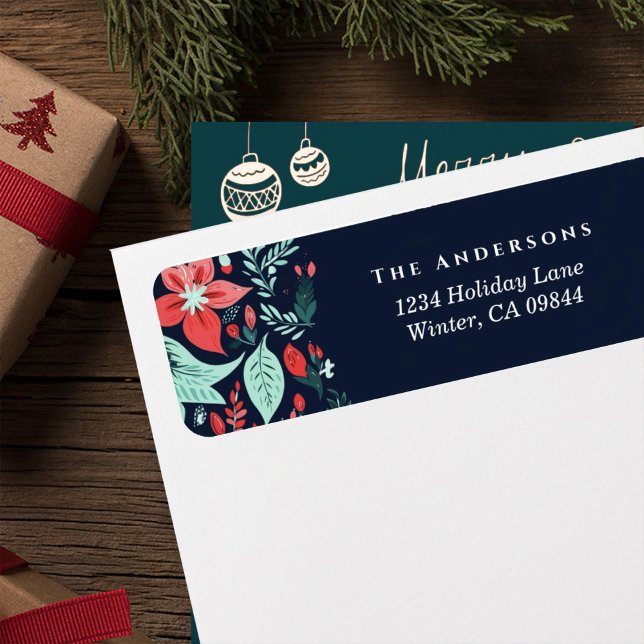 Etiqueta Christmas Blue Elegant Red Holiday Floral Address (Subido por el creador)