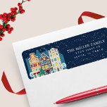 Etiqueta Christmas house snowy night holiday return address<br><div class="desc">Our "Christmas house in snow" collection features colorful and decorative house illustration in a row with street lights, trees and Christmas tree. Background is blue or navy blue depending if it shows night or day with snow overlay. Decorative script combined with serif font for all information that needs to be...</div>