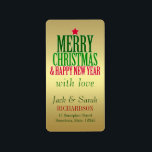 Etiqueta Christmas New Year Wishes Brushed Gold Gift Labels<br><div class="desc">Striking Christmas and New Year holiday colours with green and red festive message on beautiful brushed gold background. Makes a great personalized gift tags or address labels. You could also easily use this to label your home made wine, jam, condiments, biscuits and many other DIY projects you have created for...</div>