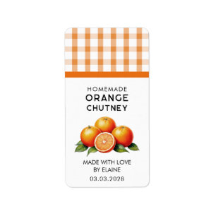 Etiqueta Chutney naranja casero con estampado a cuadros