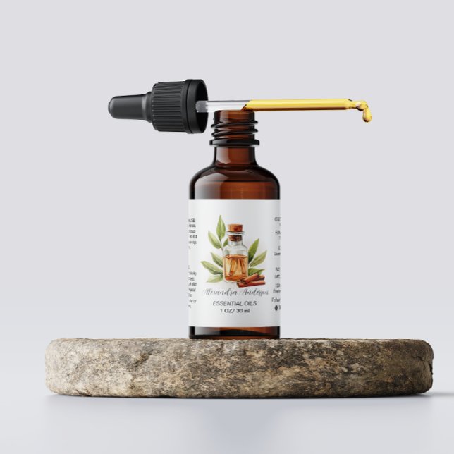 Etiqueta Cine Botánico Aceites Esenciales Acuarela (Botanical Cinnamon Essential Oils Watercolor Label)