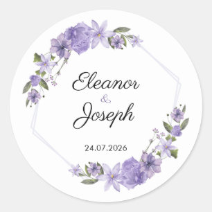 Etiqueta Circular de Pegatina de Boda Floral Púrpu
