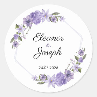 Etiqueta Circular de Pegatina de Boda Floral Púrpu