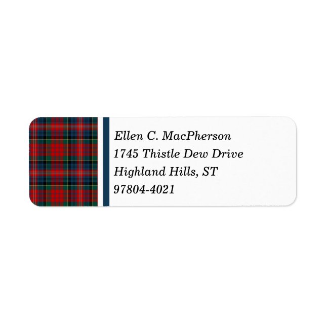 Etiqueta Clan MacPherson Tartán escocés rojo y azul (Frente)