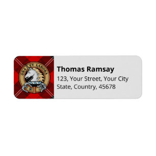 Etiqueta Clan Ramsay Escudo sobre Tartán Rojo