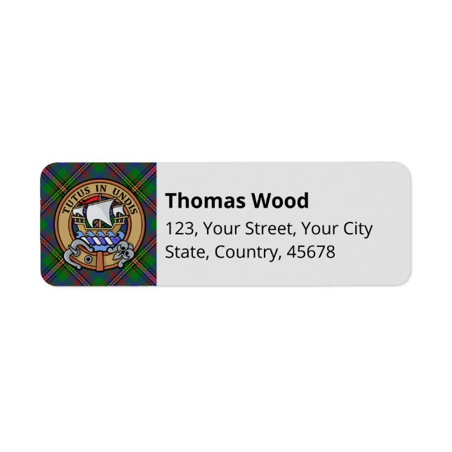 Etiqueta Clan Wood Escudo sobre Tartán (Frente)