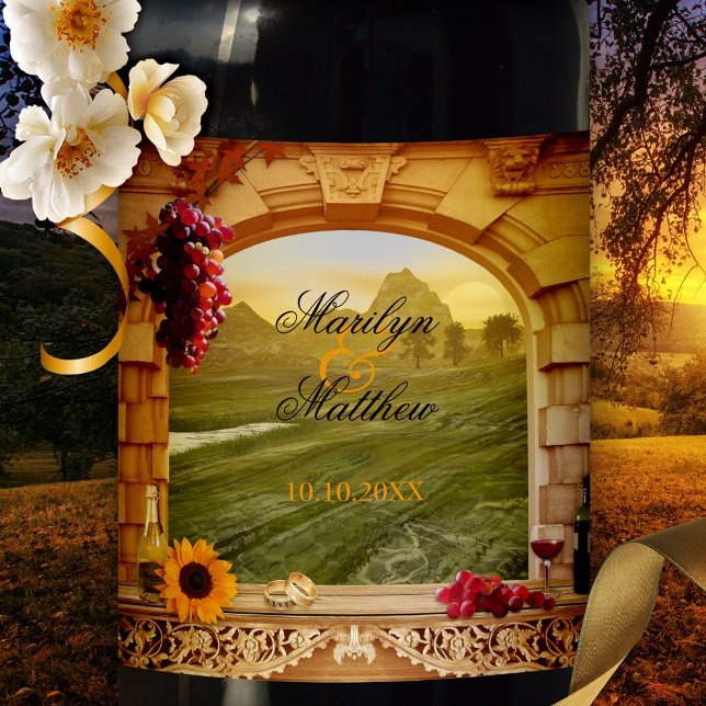 Etiqueta clásica de Boda de estilo italiano (Classic Italian wine label featuring a painting of a Roman arch with grapes and a Tuscan landscape)