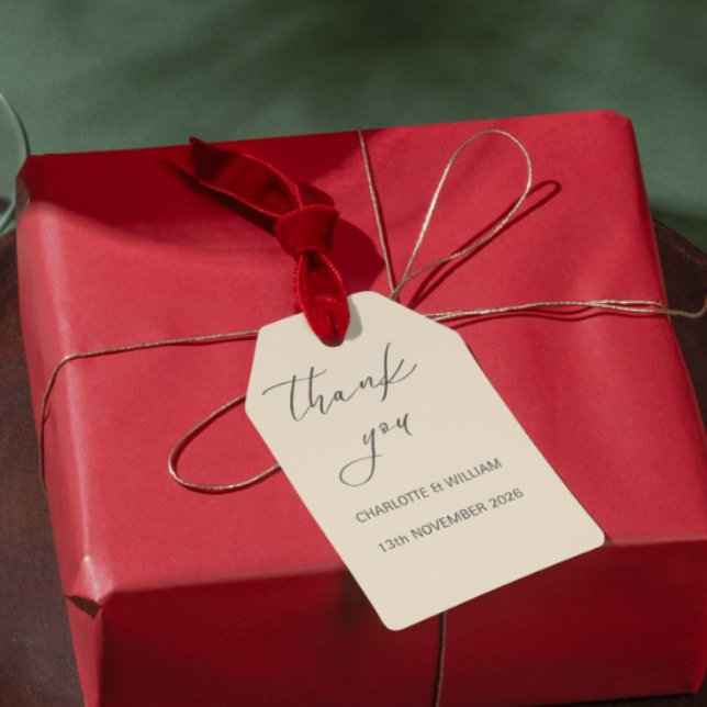 Etiqueta clásica de recuerdo de boda con guion rom (Romantic Script Classic Wedding Favor Tag)