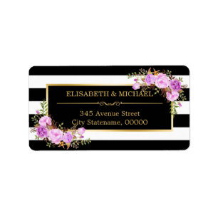 Etiqueta Clásicas Purple Floral Gold Bandas Blancas Negras