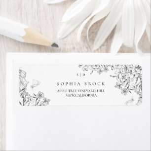 Etiqueta Clásico Elegante Boda Floral Blanco Negro 