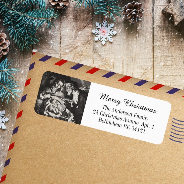 Etiqueta Clásicos Navidades religiosos cristianos (Classic Elegant Black and White Religious Christian Catholic Christmas Holiday Return Address Label)