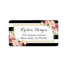Etiqueta Classic Black White Stripes Pink Floral Decor