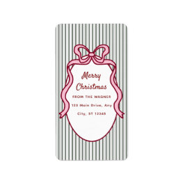 Etiqueta Classic Dark Green Stripes & Pink Bow Christmas