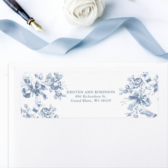 Etiqueta Classic French Blue Flowers & Ribbons Wedding (Subido por el creador)