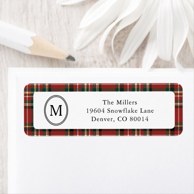 Etiqueta Classic Monogram Red Plaid Christmas Address (In situ)
