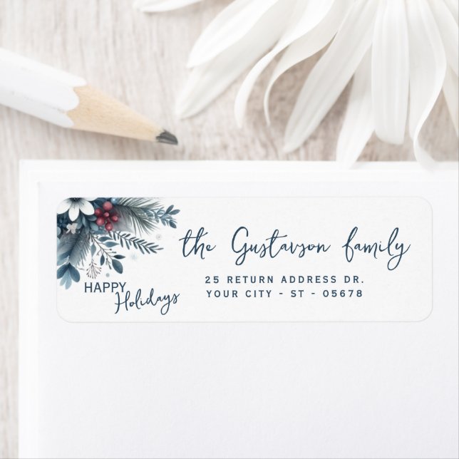 Etiqueta Classy Dark Teal Blue Red Floral Holiday Wreath (In situ)